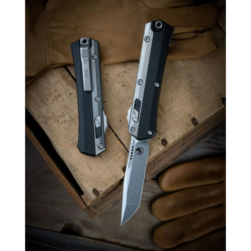 มีดออโต้ Microtech Glykon OTF Aluminum/Titanium Tanto (M390 3.75" Stonewash),185-10