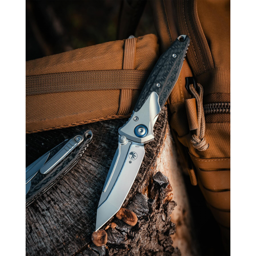 Microtech Socom Bravo Mini T/E Titanium Bolster Carbon Fiber Blue Pivot Collar (M390 3.25" Bead blasted),261M-7CFTI